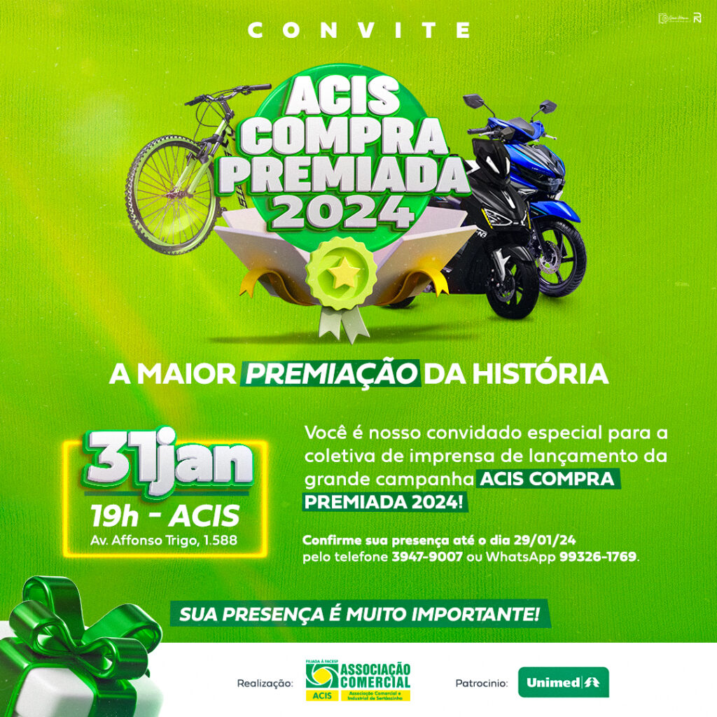 Convite com as informações para a coletiva de lançamento da campanha ACIS Compra Premiada 2024.