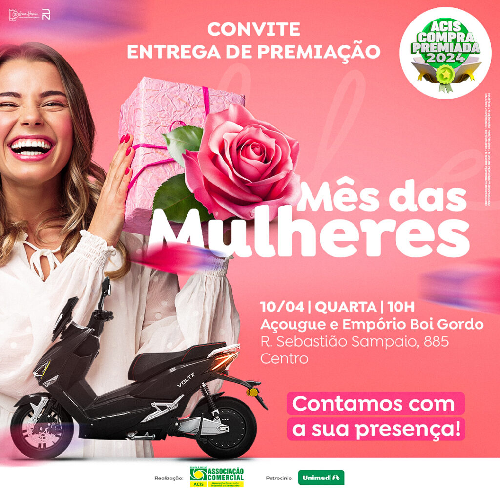 Arte gráfica colorida convidando para a entrega da premiação "Mês das Mulheres".